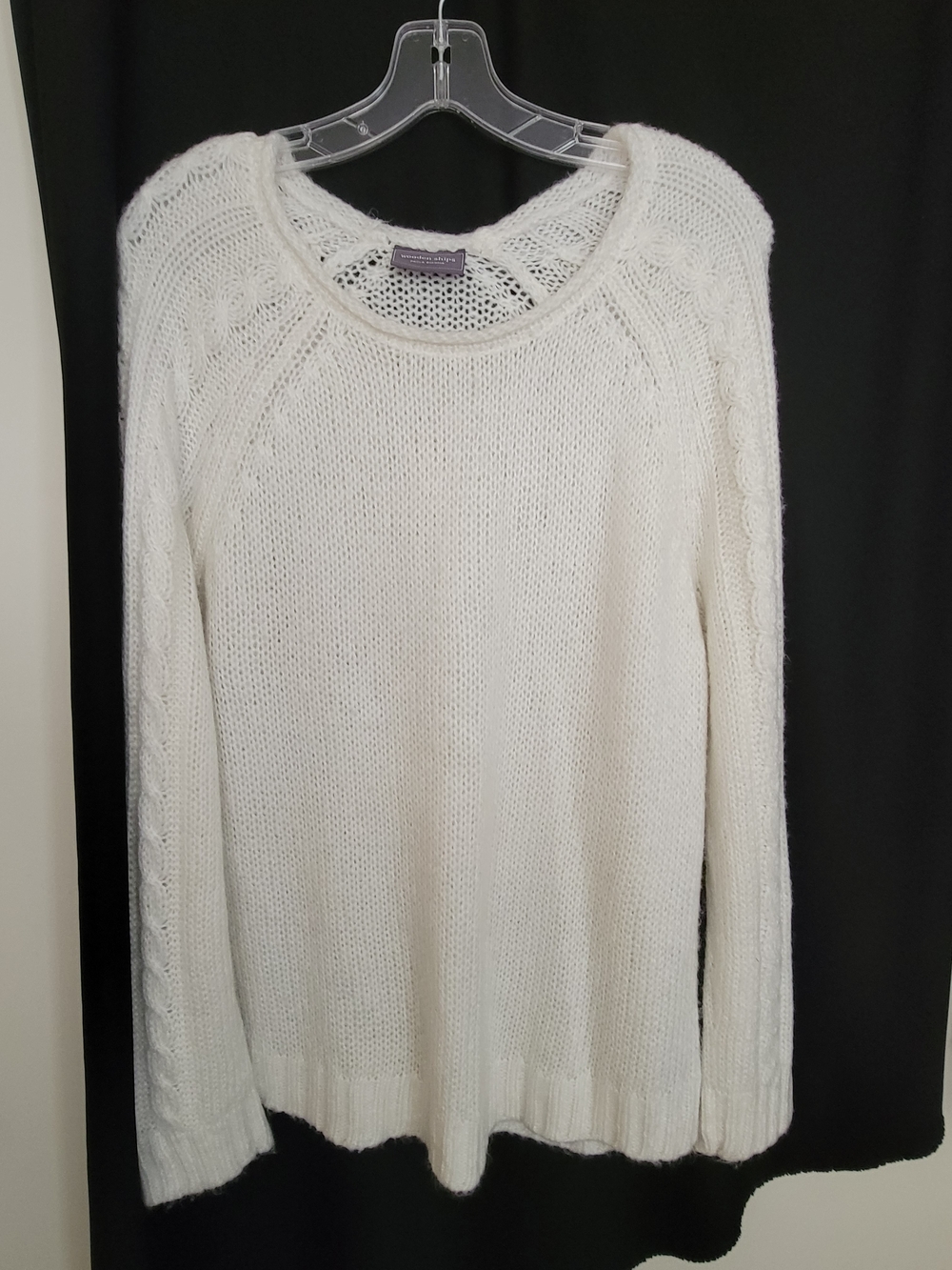 Wooden Ships Ivory Crewneck Sweater with Cable-Trim Sleeves